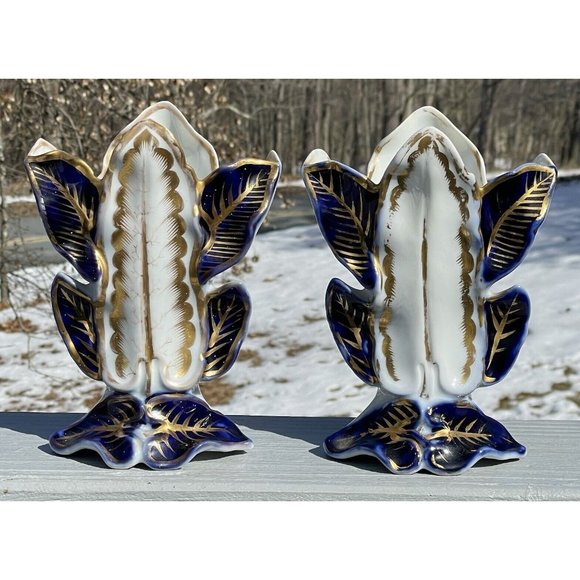 PAIR of Antique Victorian Blue Gilt Porcelain Leaves Vase Art Nouveau Mantel - Picture 2 of 16
